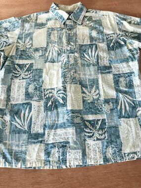 Ono Hawaiian Shirt Men L Blue Floral 1/4 Button Up Pullover Pocket Short Sleeve